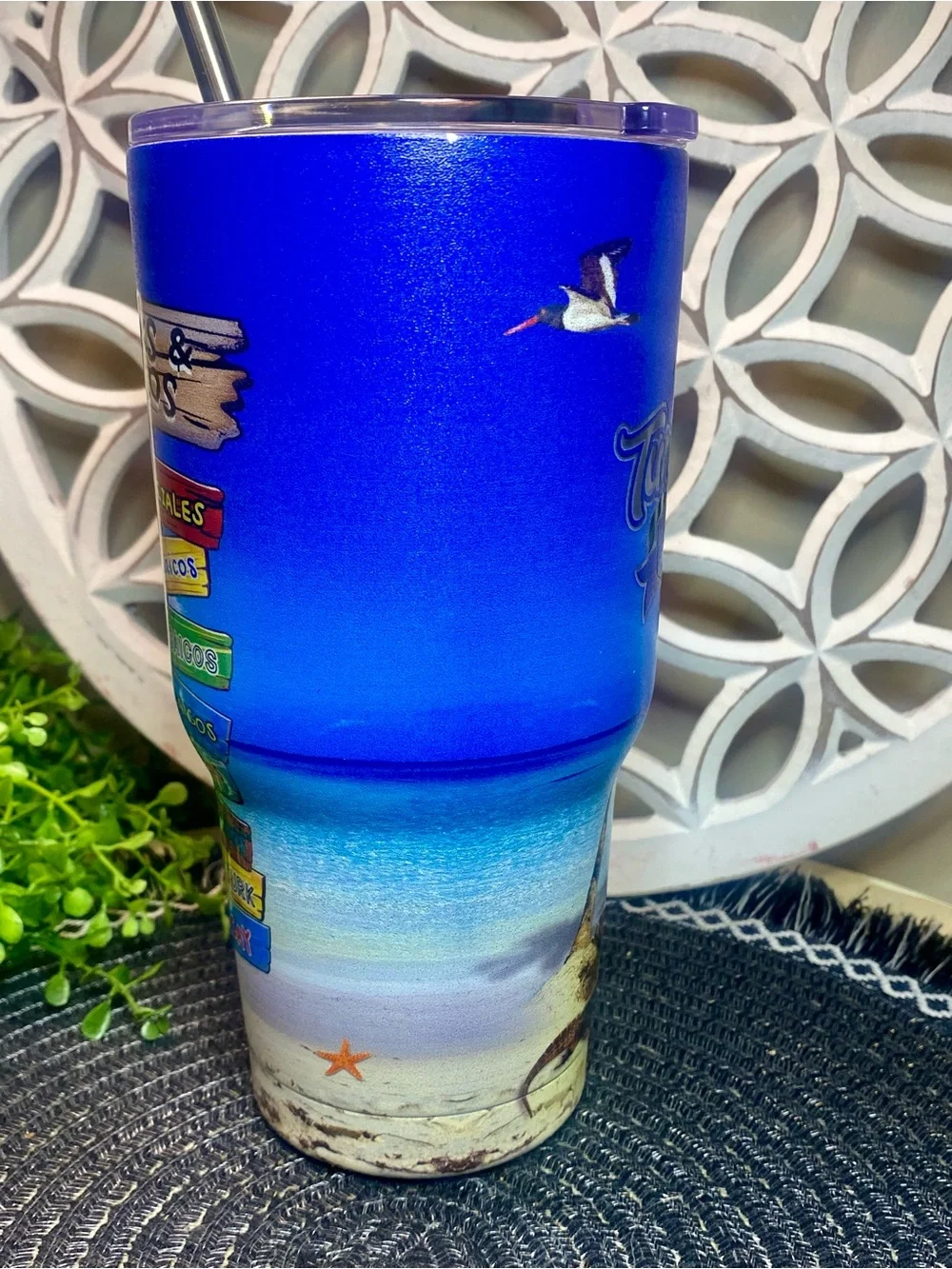 NWT Turks & Caicos‎ Beach Scene Tall Tumbler With Metal Straw